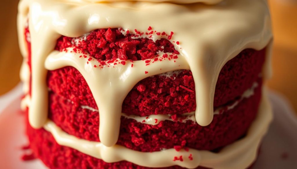 red velvet cake, cream cheese frosting, layered cake
